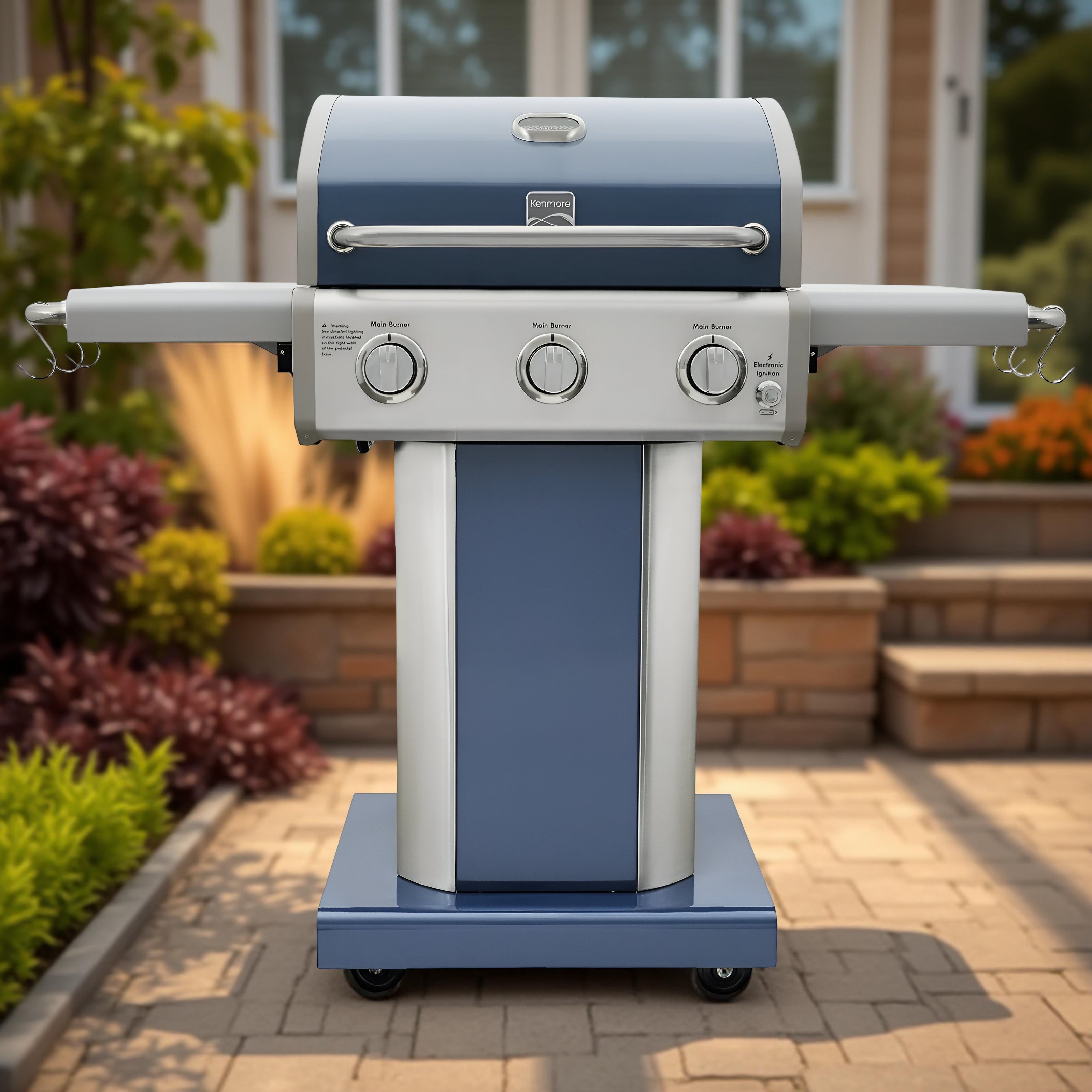 Kenmore 3-Burner Propane Gas Grill – Foldable Side Tables, Outdoor BBQ Stainless Steel