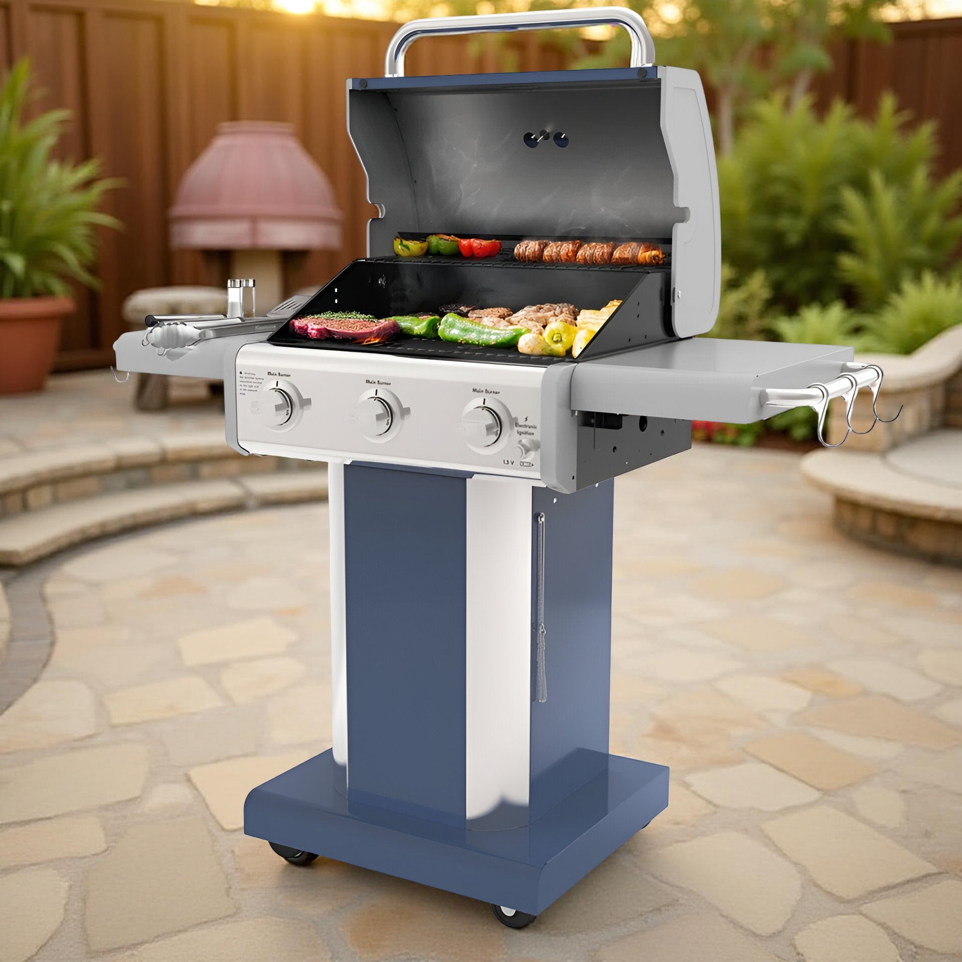 Kenmore 3-Burner Propane Gas Grill – Foldable Side Tables, Outdoor BBQ Stainless Steel