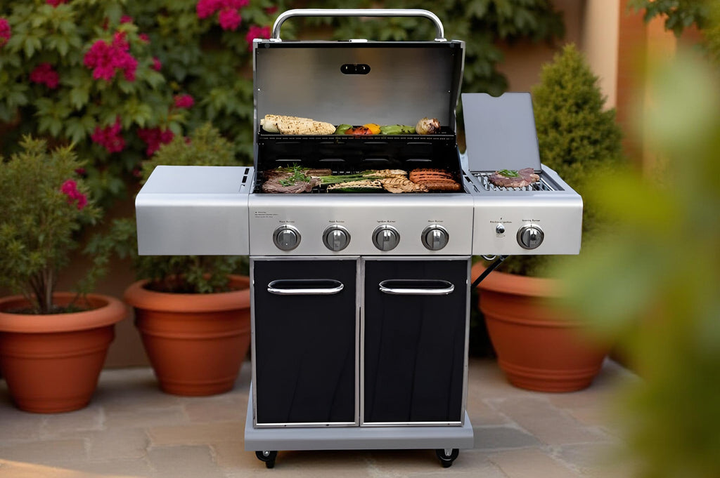 Kenmore 4-Burner Propane Gas Grill with Searing Side Burner in Black – Stainless Steel Outdoor BBQ Grill for Patio & Backyard Cooking