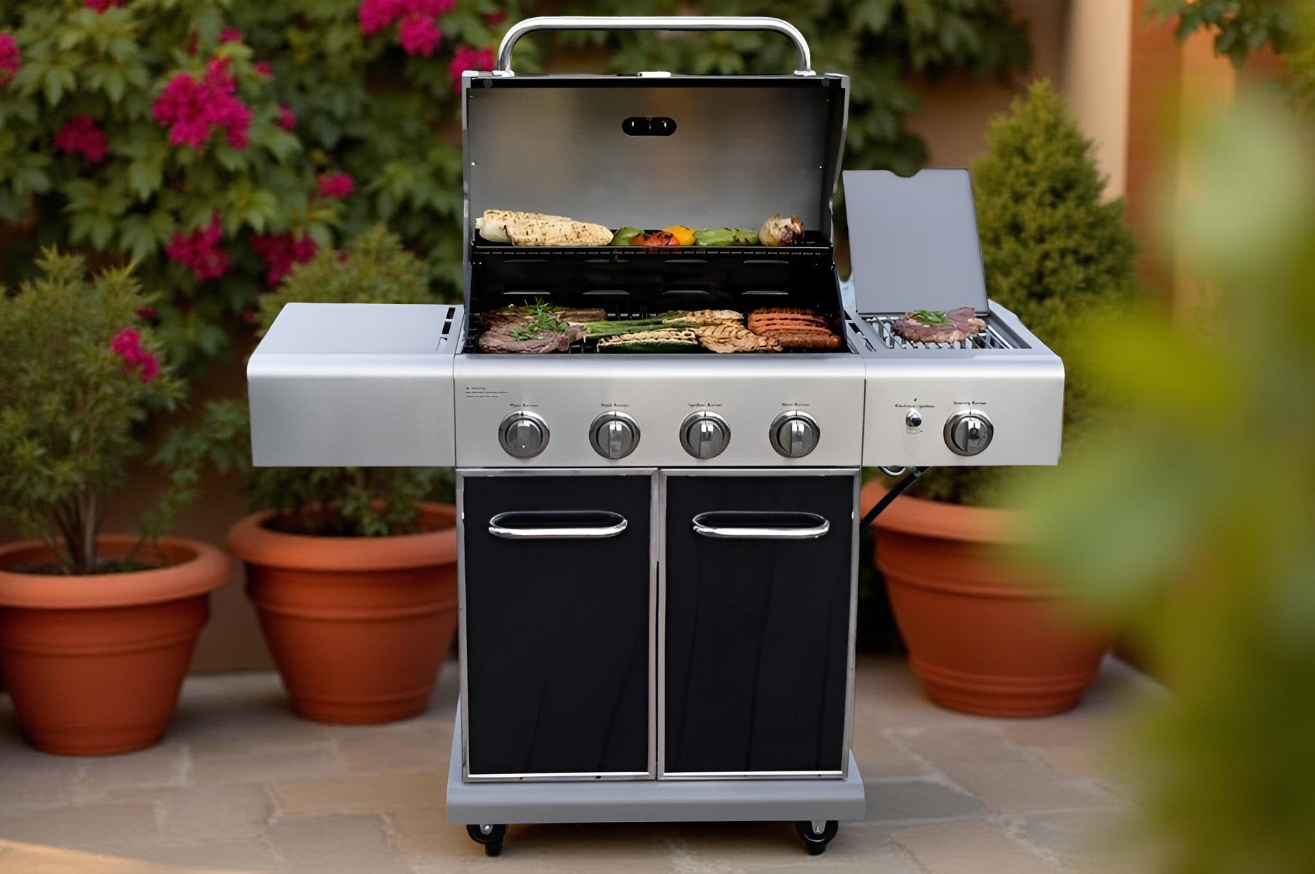 Kenmore 4-Burner Propane Gas Grill with Searing Side Burner in Black – Stainless Steel Outdoor BBQ Grill for Patio & Backyard Cooking