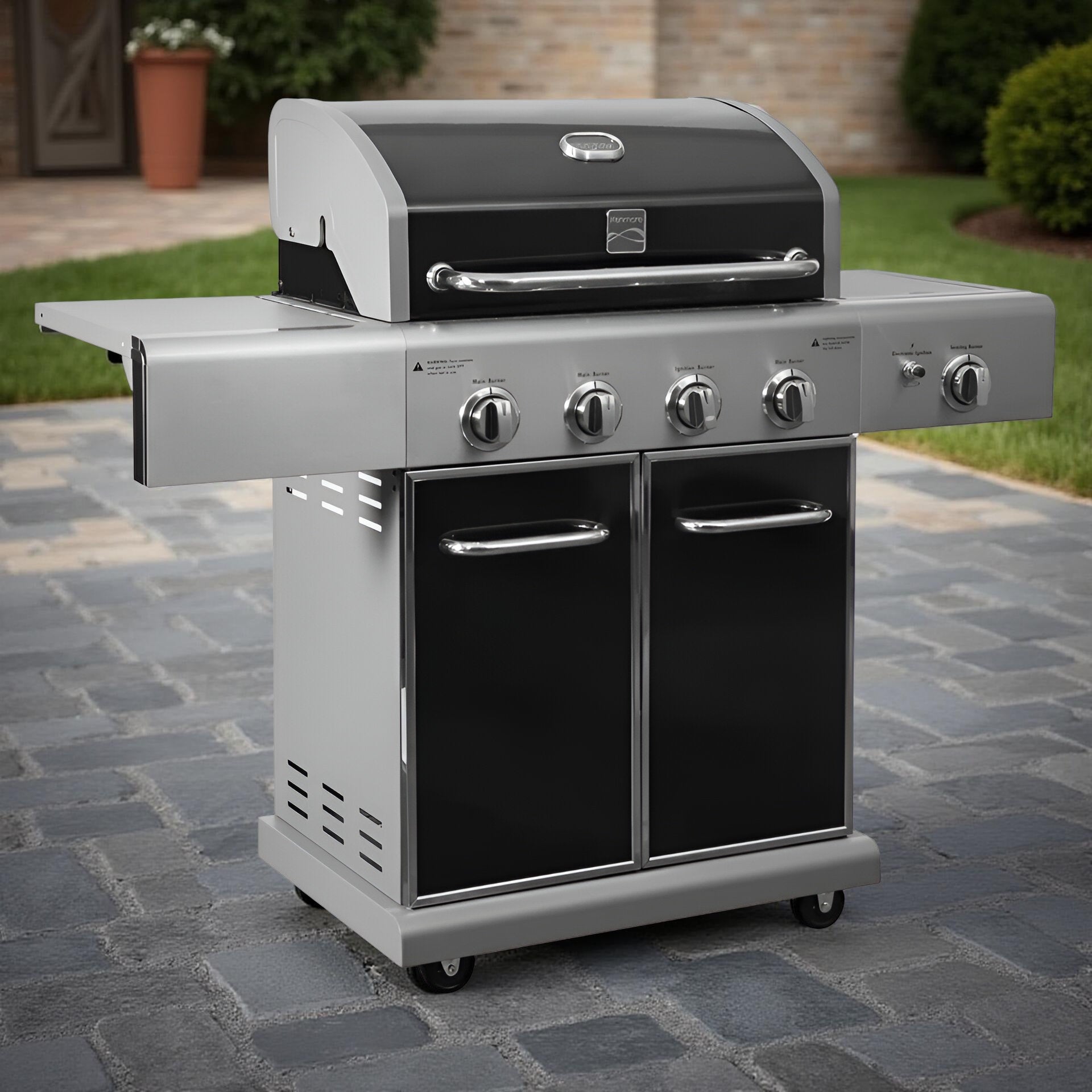 Kenmore 4-Burner Propane Gas Grill with Searing Side Burner in Black – Stainless Steel Outdoor BBQ Grill for Patio & Backyard Cooking