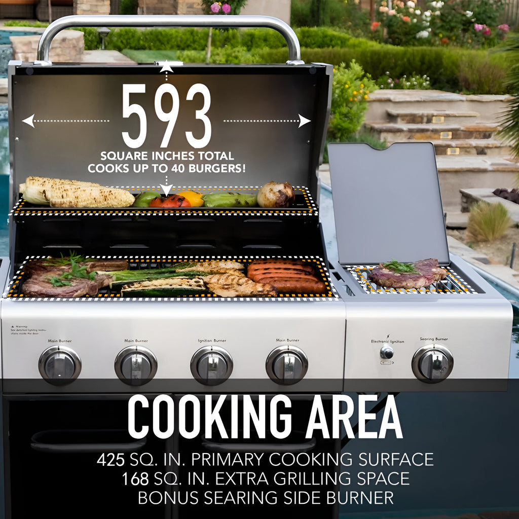 Kenmore 4-Burner Propane Gas Grill with Searing Side Burner in Black – Stainless Steel Outdoor BBQ Grill for Patio & Backyard Cooking