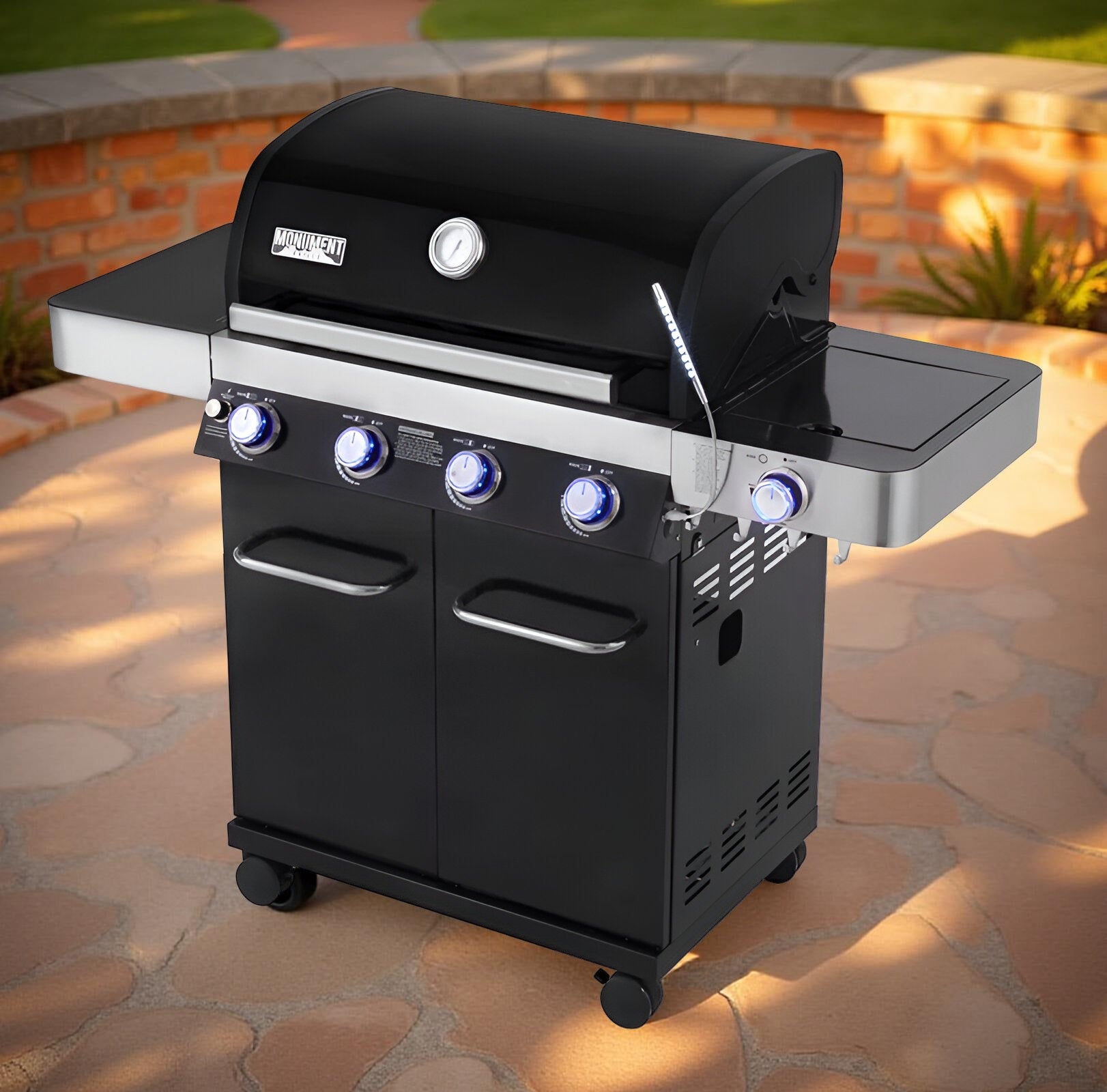 Monument Grills 13892 4-Burner Propane Gas Grill with Side Burner, LED Controls, USB Light & Built-In Thermometer – Stainless Steel Outdoor BBQ Grill for Family Cooking