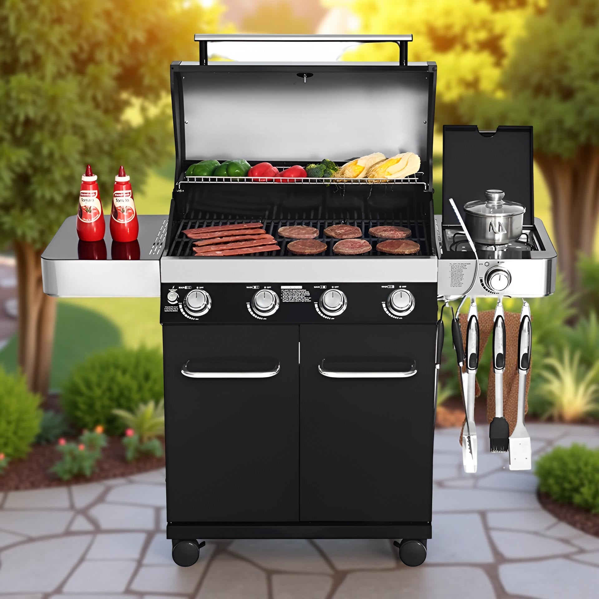 Monument Grills 13892 4-Burner Propane Gas Grill with Side Burner, LED Controls, USB Light & Built-In Thermometer – Stainless Steel Outdoor BBQ Grill for Family Cooking