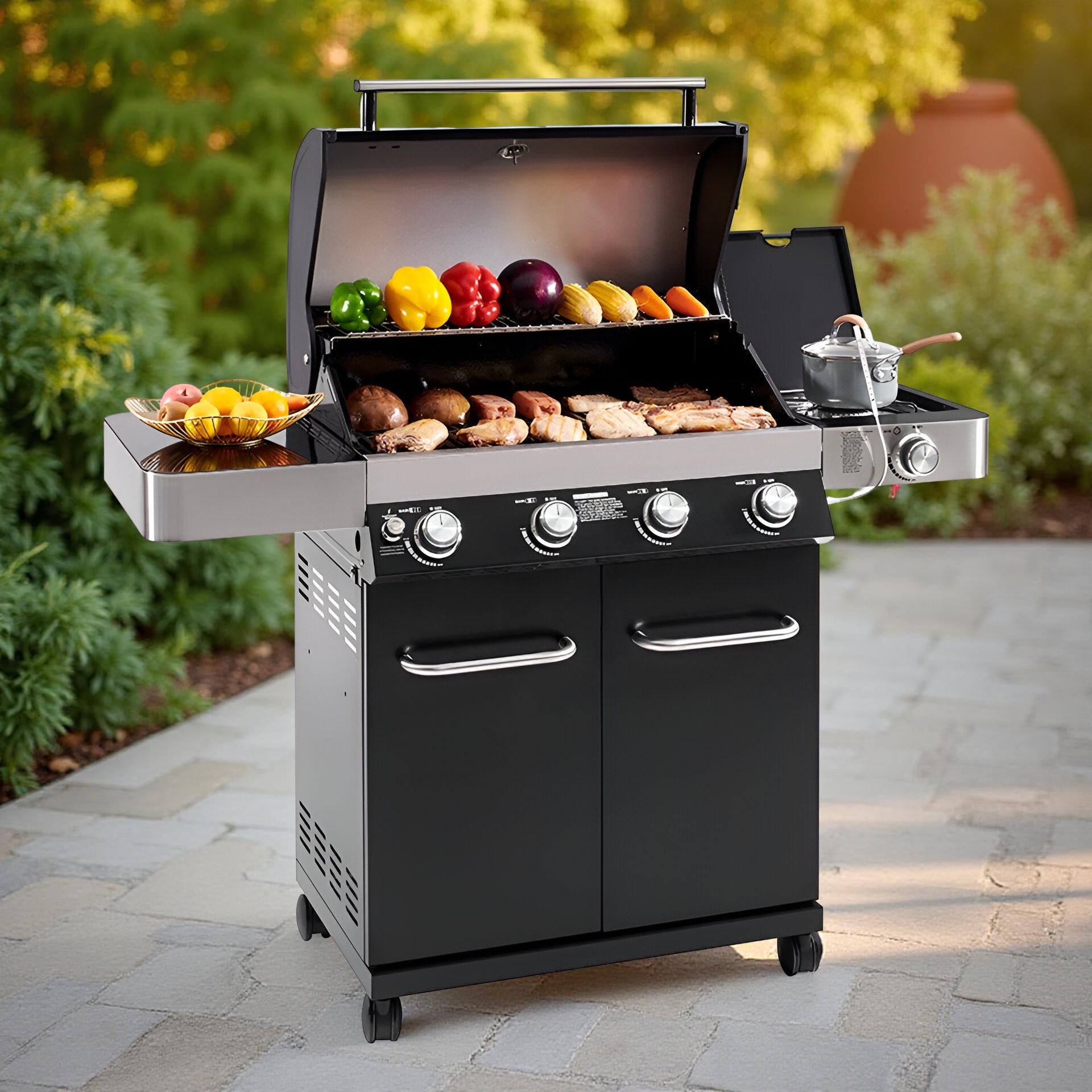 Monument Grills 13892 4-Burner Propane Gas Grill with Side Burner, LED Controls, USB Light & Built-In Thermometer – Stainless Steel Outdoor BBQ Grill for Family Cooking