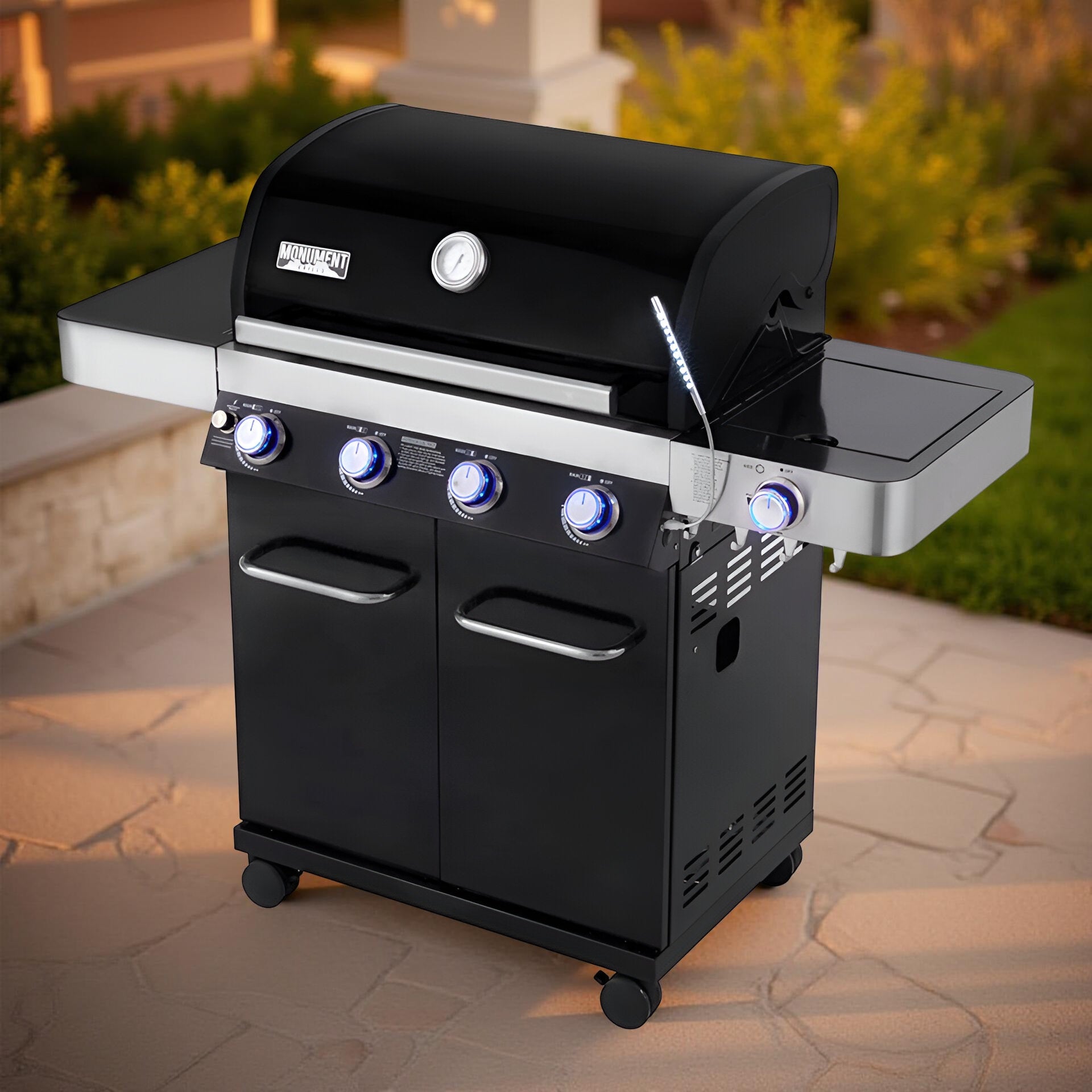 Monument Grills 13892 4-Burner Propane Gas Grill with Side Burner, LED Controls, USB Light & Built-In Thermometer – Stainless Steel Outdoor BBQ Grill for Family Cooking