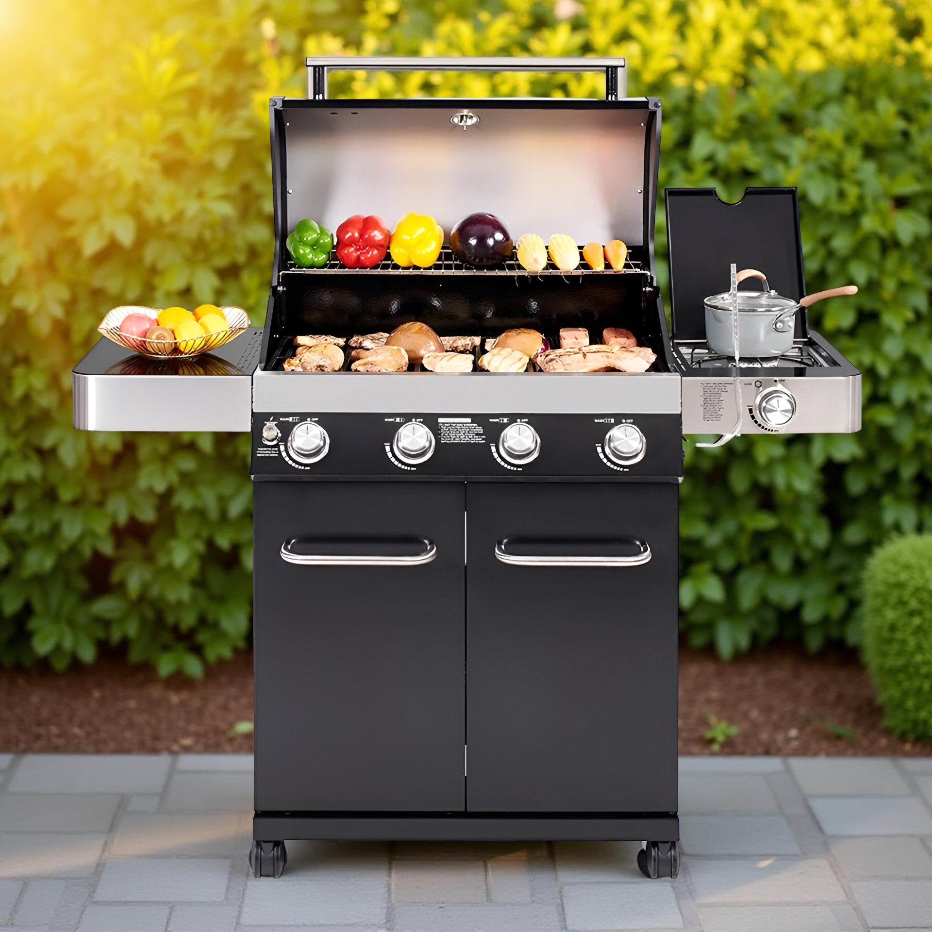 Monument Grills 13892 4-Burner Propane Gas Grill with Side Burner, LED Controls, USB Light & Built-In Thermometer – Stainless Steel Outdoor BBQ Grill for Family Cooking
