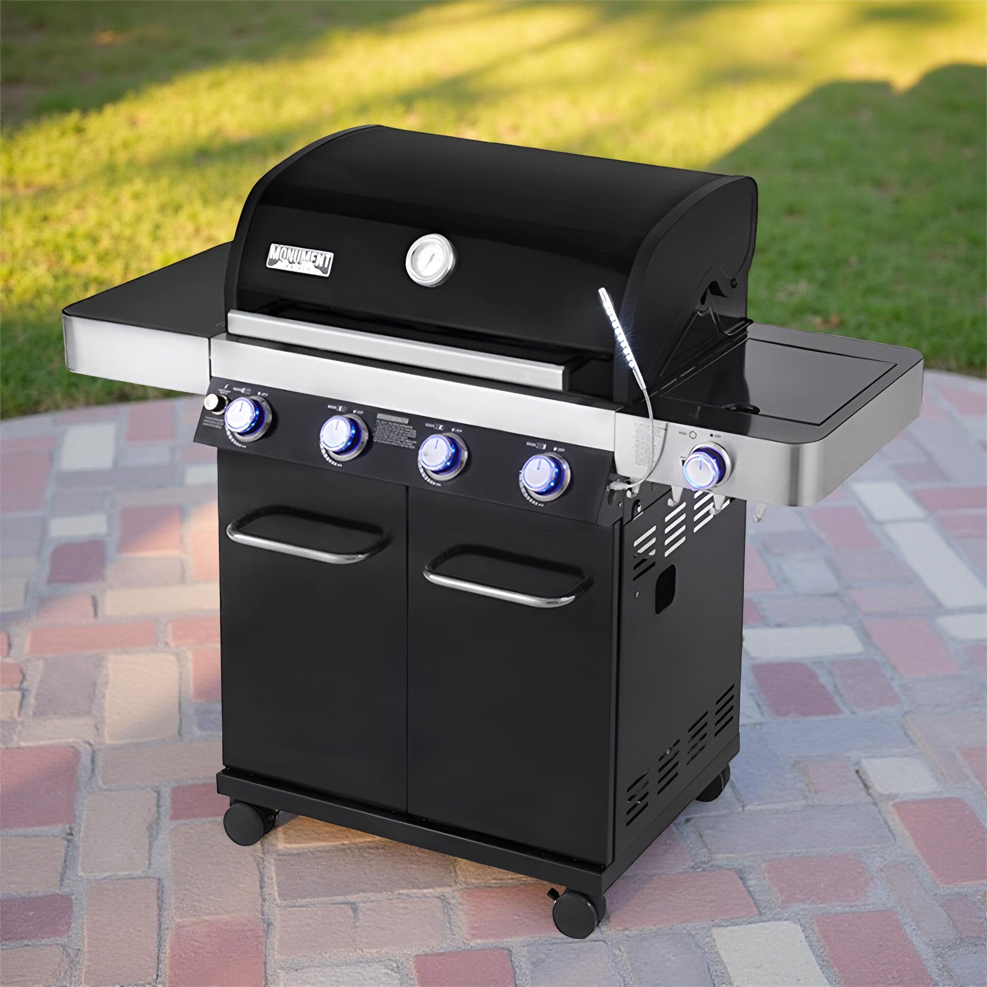 Monument Grills 13892 4-Burner Propane Gas Grill with Side Burner, LED Controls, USB Light & Built-In Thermometer – Stainless Steel Outdoor BBQ Grill for Family Cooking