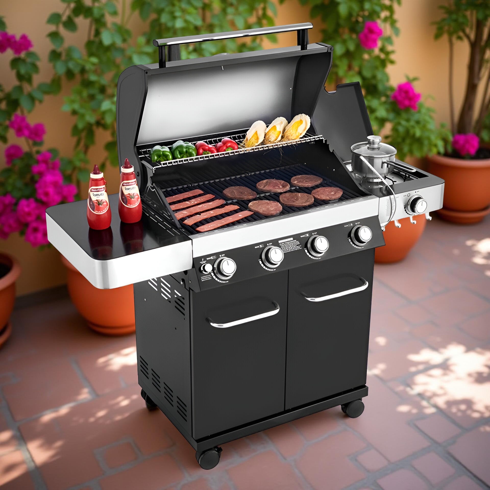 Monument Grills 13892 4-Burner Propane Gas Grill with Side Burner, LED Controls, USB Light & Built-In Thermometer – Stainless Steel Outdoor BBQ Grill for Family Cooking