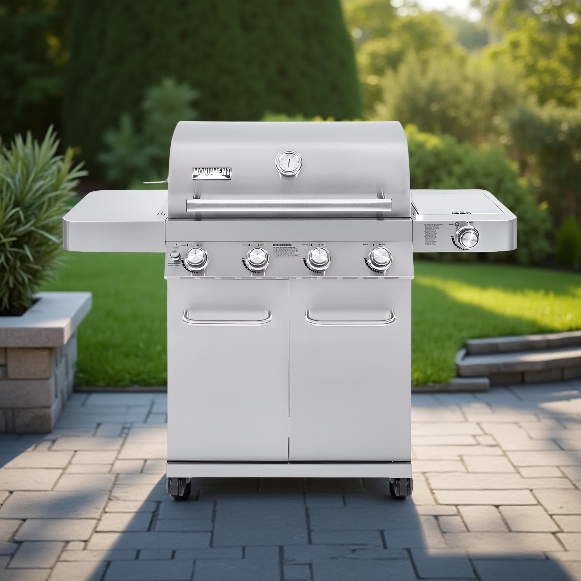 Monument Grills 17842 – 4-Burner Propane Gas Grill with Rotisserie Kit, Side Burner, LED Controls & Warming Rack | Outdoor Stainless Steel BBQ Grill for Patio & Backyard Cooking