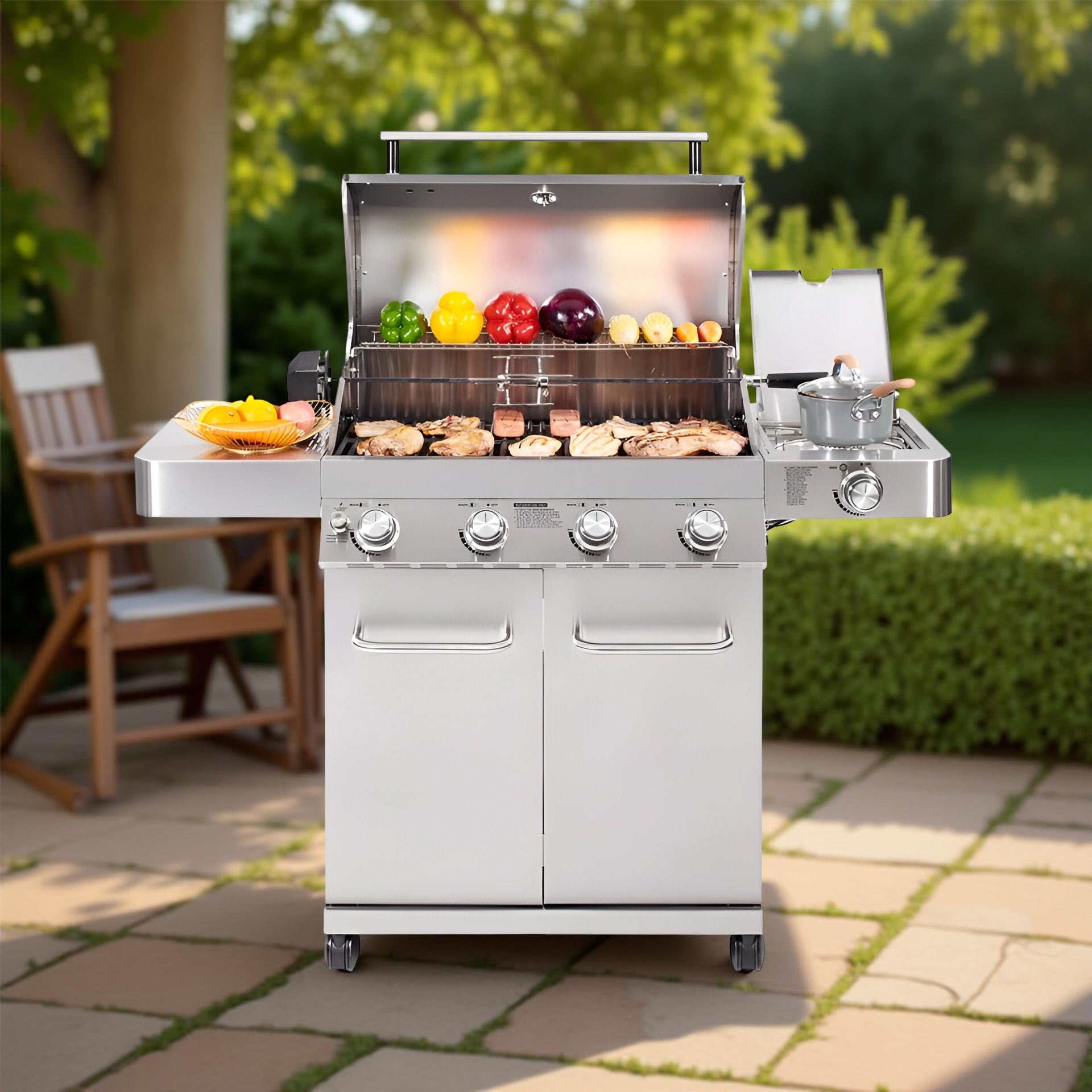 Monument Grills 17842 – 4-Burner Propane Gas Grill with Rotisserie Kit, Side Burner, LED Controls & Warming Rack | Outdoor Stainless Steel BBQ Grill for Patio & Backyard Cooking