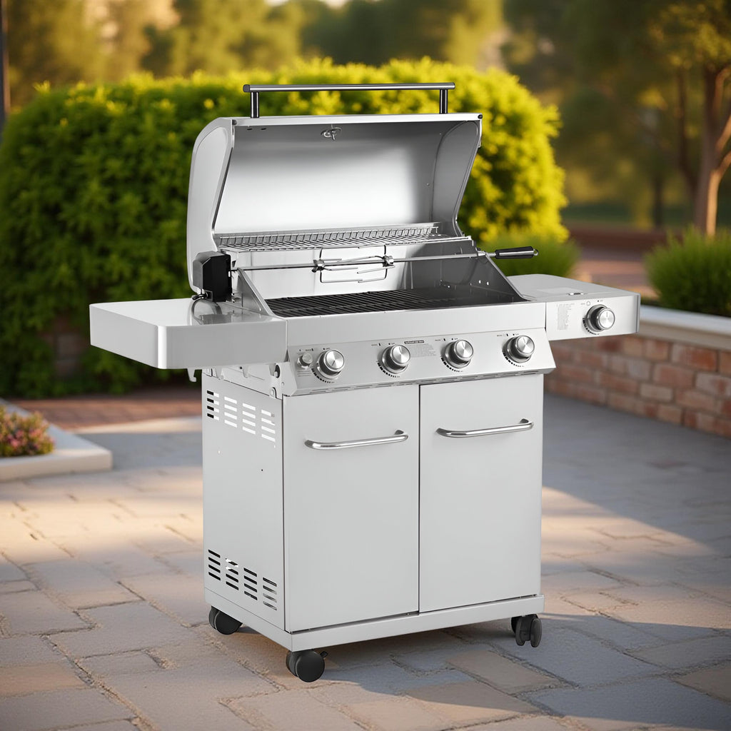Monument Grills 17842 – 4-Burner Propane Gas Grill with Rotisserie Kit, Side Burner, LED Controls & Warming Rack | Outdoor Stainless Steel BBQ Grill for Patio & Backyard Cooking