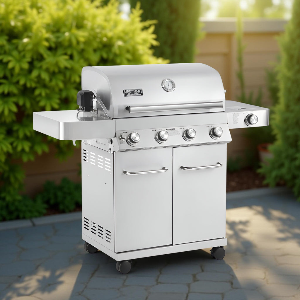 Monument Grills 17842 – 4-Burner Propane Gas Grill with Rotisserie Kit, Side Burner, LED Controls & Warming Rack | Outdoor Stainless Steel BBQ Grill for Patio & Backyard Cooking