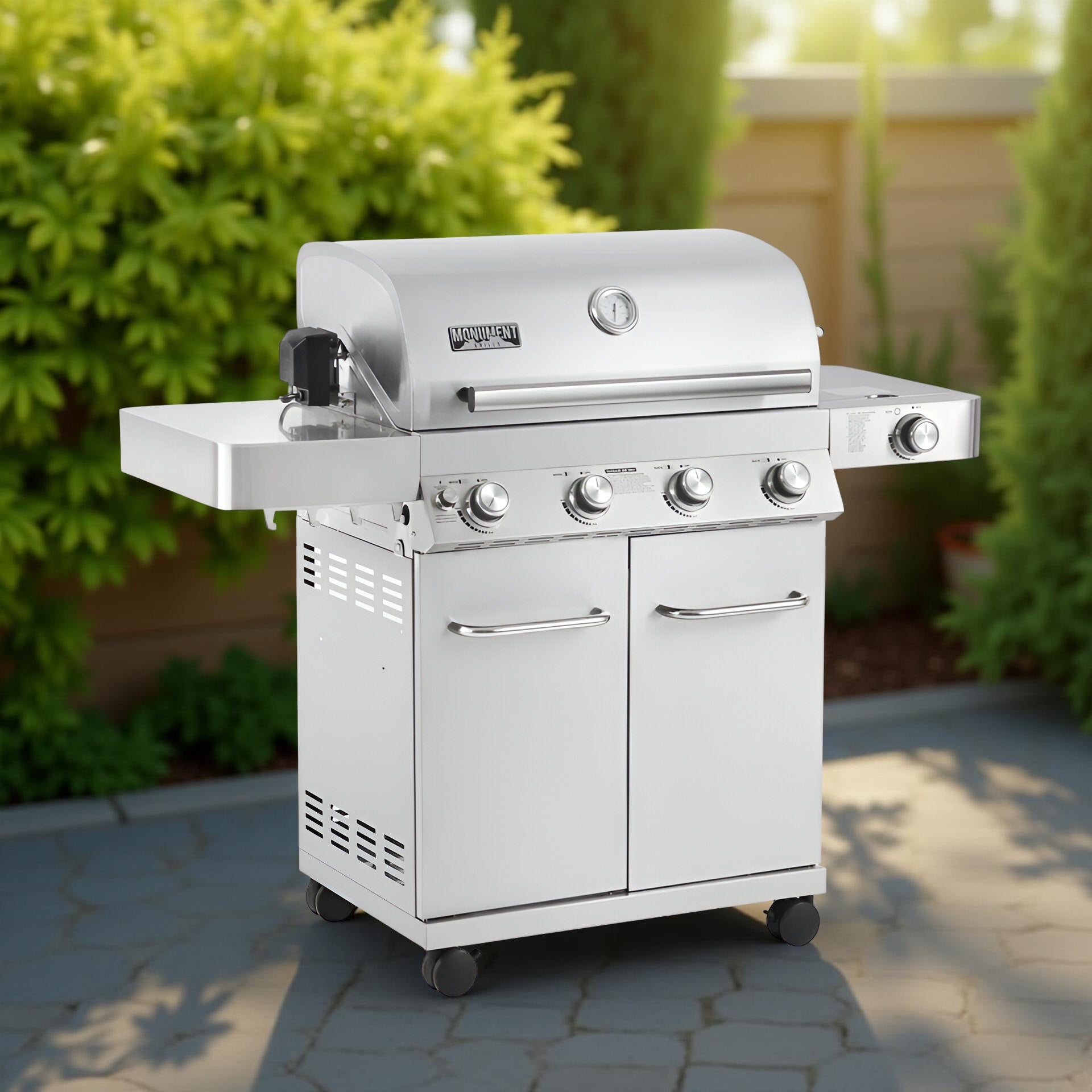 Monument Grills 17842 – 4-Burner Propane Gas Grill with Rotisserie Kit, Side Burner, LED Controls & Warming Rack | Outdoor Stainless Steel BBQ Grill for Patio & Backyard Cooking
