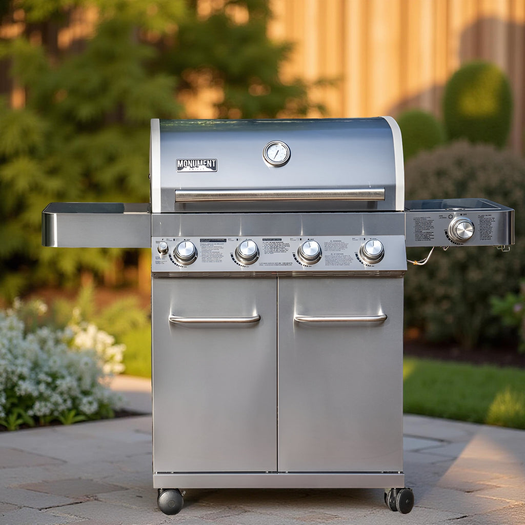 Monument Grills 17842 – 4-Burner Propane Gas Grill with Rotisserie Kit, Side Burner, LED Controls & Warming Rack | Outdoor Stainless Steel BBQ Grill for Patio & Backyard Cooking