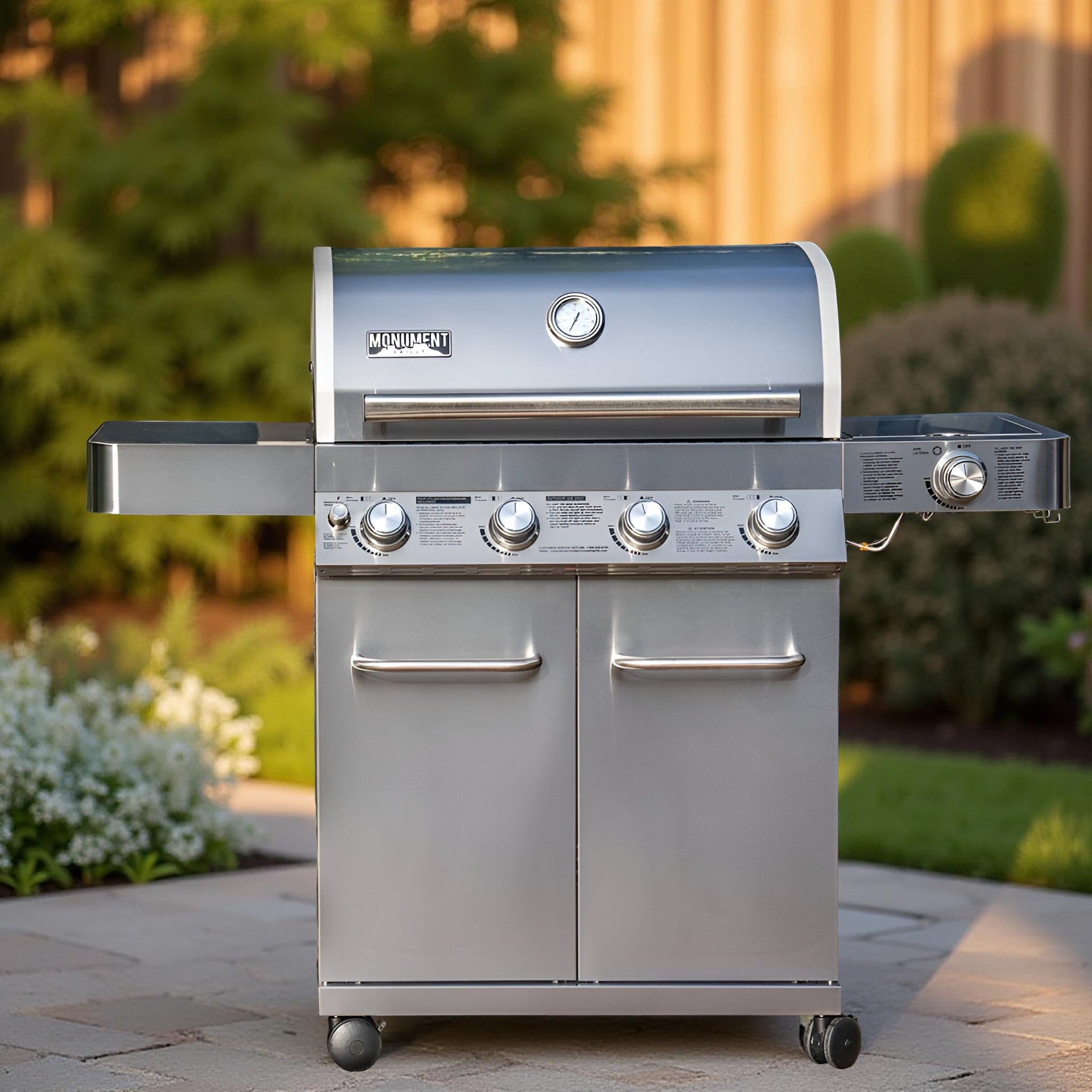 Monument Grills 17842 – 4-Burner Propane Gas Grill with Rotisserie Kit, Side Burner, LED Controls & Warming Rack | Outdoor Stainless Steel BBQ Grill for Patio & Backyard Cooking