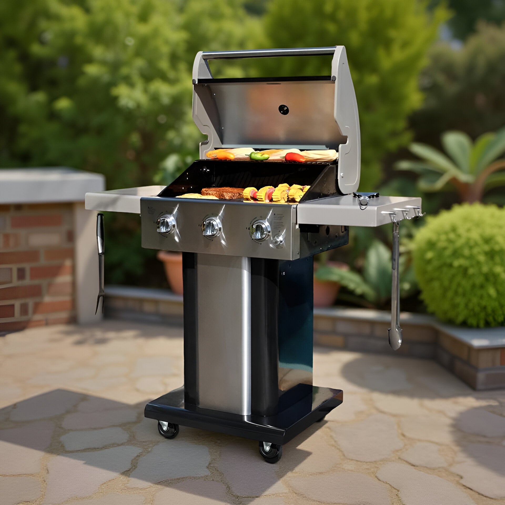 Permasteel 3-Burner Propane Gas Grill – Compact Outdoor BBQ with Foldable Side Tables & Tool Hooks