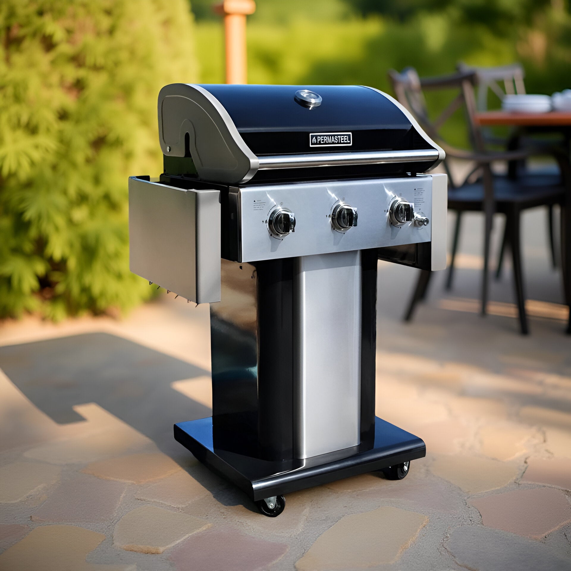 Permasteel 3-Burner Propane Gas Grill – Compact Outdoor BBQ with Foldable Side Tables & Tool Hooks